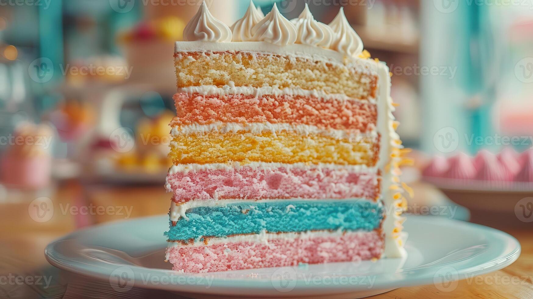 A vibrant, layered rainbow cake with colorful frosting and decorative swirls, perfect for celebrations and special occasions. photo