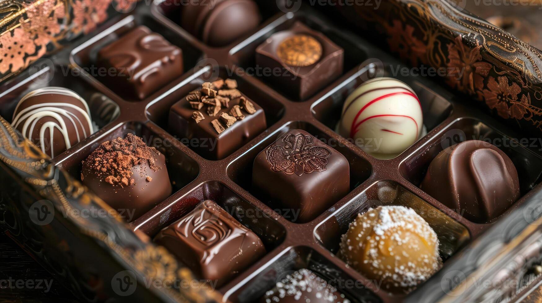 Assorted gourmet chocolates in an elegant box, perfect for gifting and indulging in rich, decadent flavors. photo