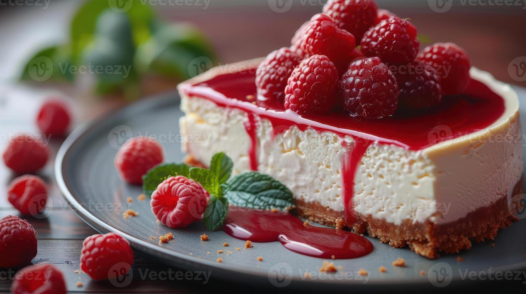 Delicious cheesecake topped with fresh raspberries and raspberry sauce on a dark plate, garnished with mint leaves. photo