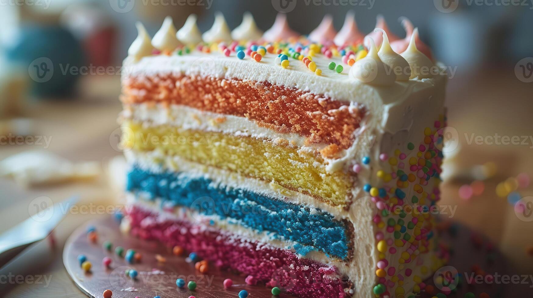 A vibrant slice of rainbow cake with colorful layers and festive sprinkles, perfect for celebrations and special occasions. photo