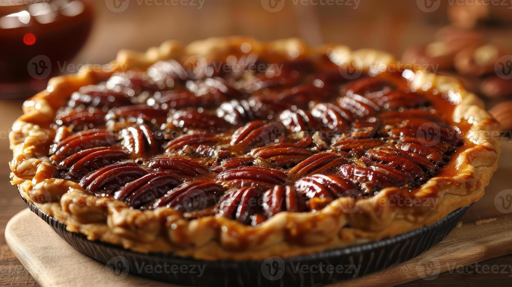 Delicious pecan pie with a golden crust and glossy filling, perfect for dessert lovers and holiday gatherings. photo