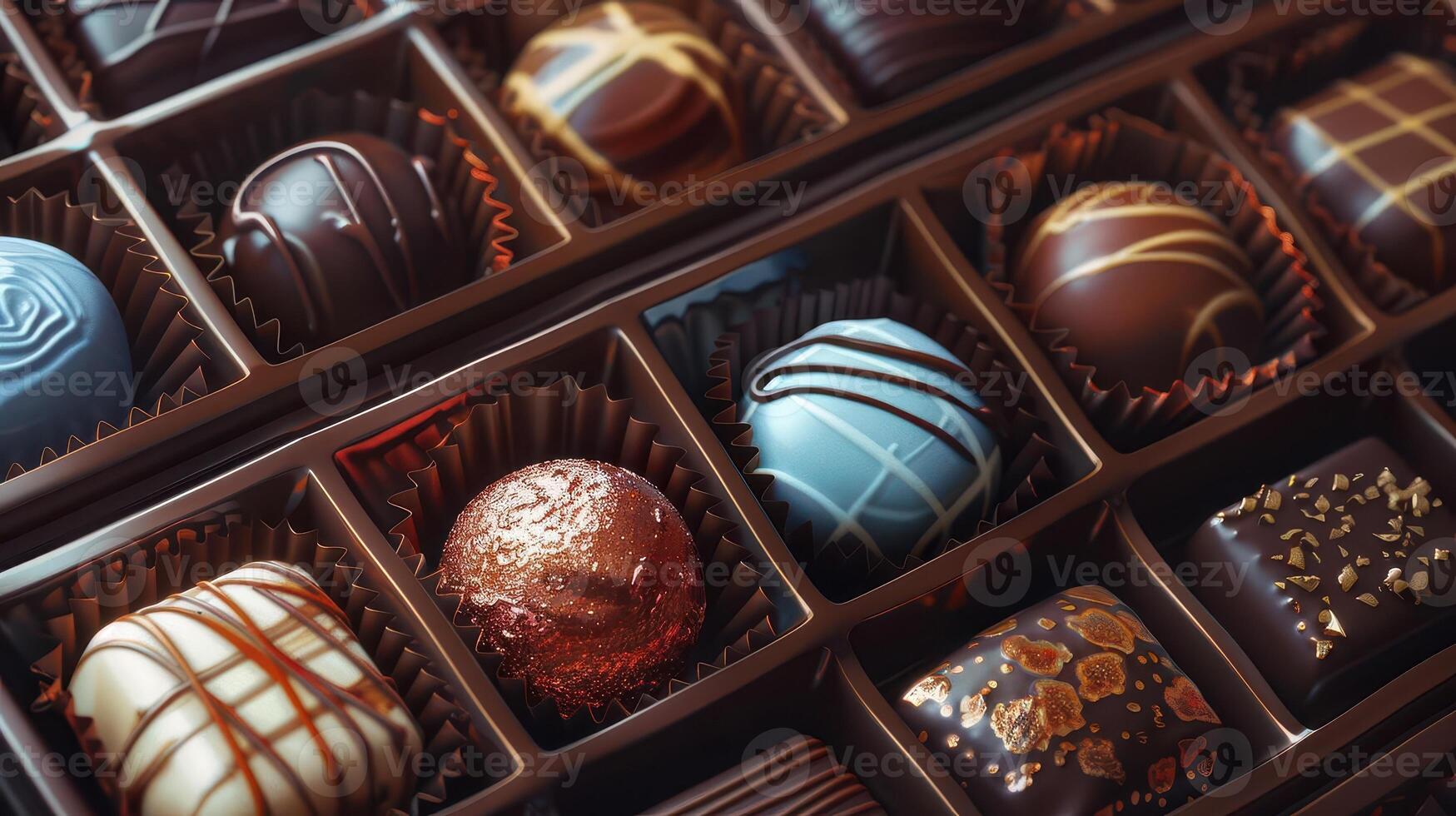 An elegant assortment of gourmet chocolates arranged in a decorative box, showcasing rich colors and intricate designs. photo