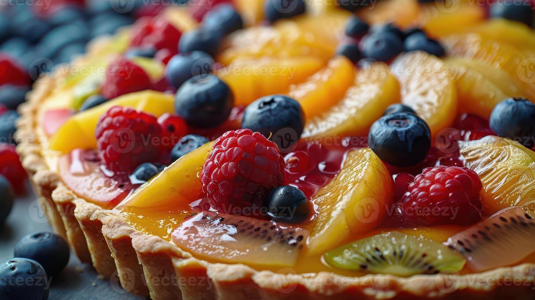 Delicious fruit tart adorned with vibrant berries and tropical slices, perfect for dessert lovers and summer gatherings. photo