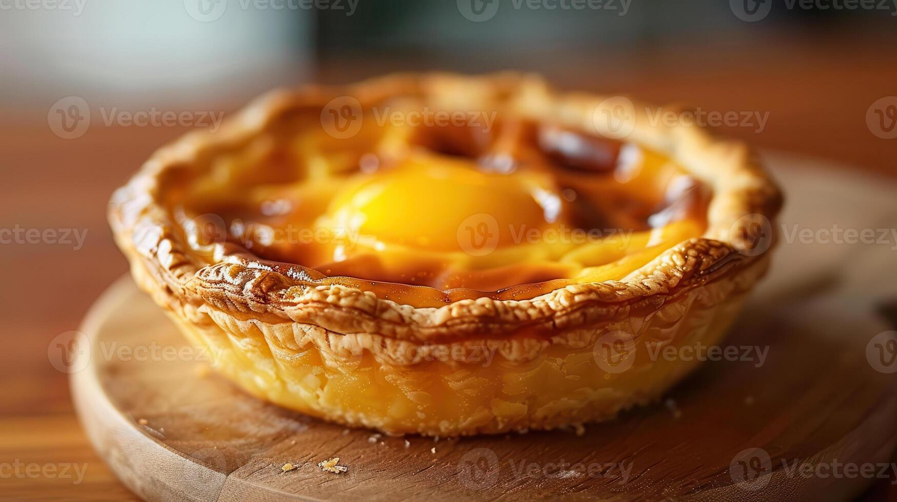 Delicious golden egg tart on a wooden board, showcasing a perfectly baked crust and creamy custard filling. photo