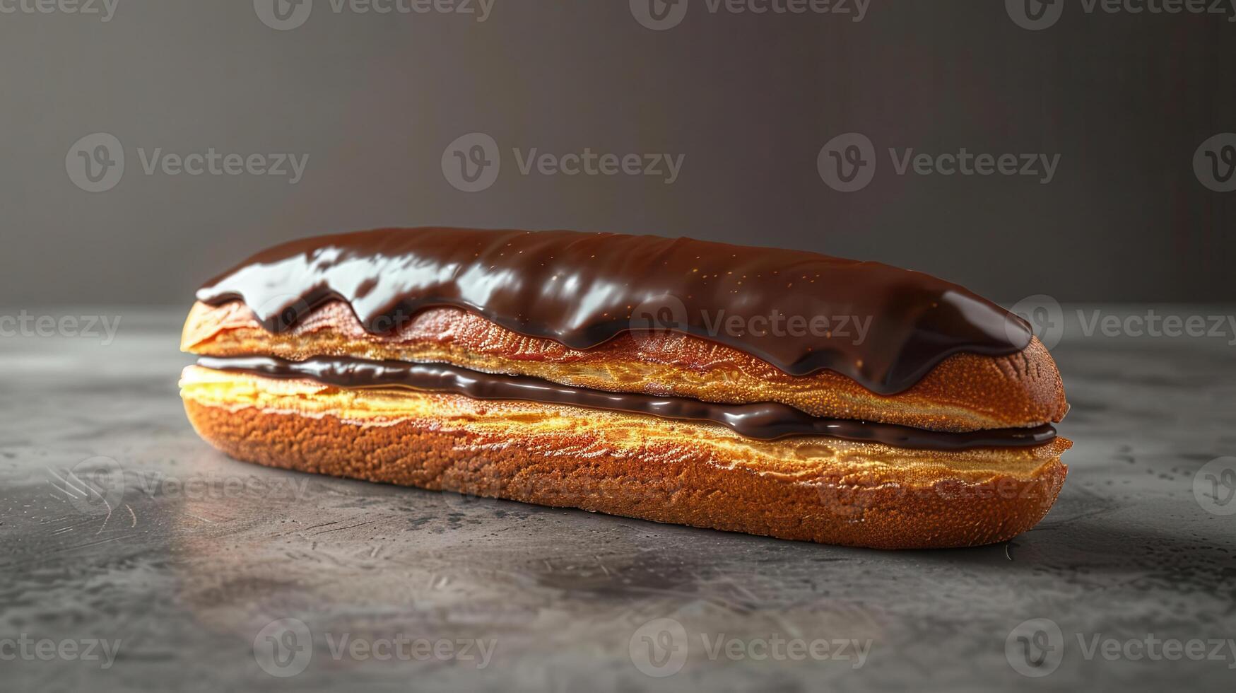 Delicious chocolate eclair with a glossy chocolate glaze on a dark stone background, perfect for dessert lovers. photo