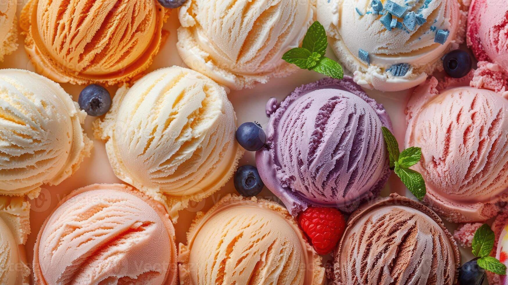 Colorful ice cream scoops arranged beautifully, showcasing a variety of flavors, perfect for summer treats and desserts. photo
