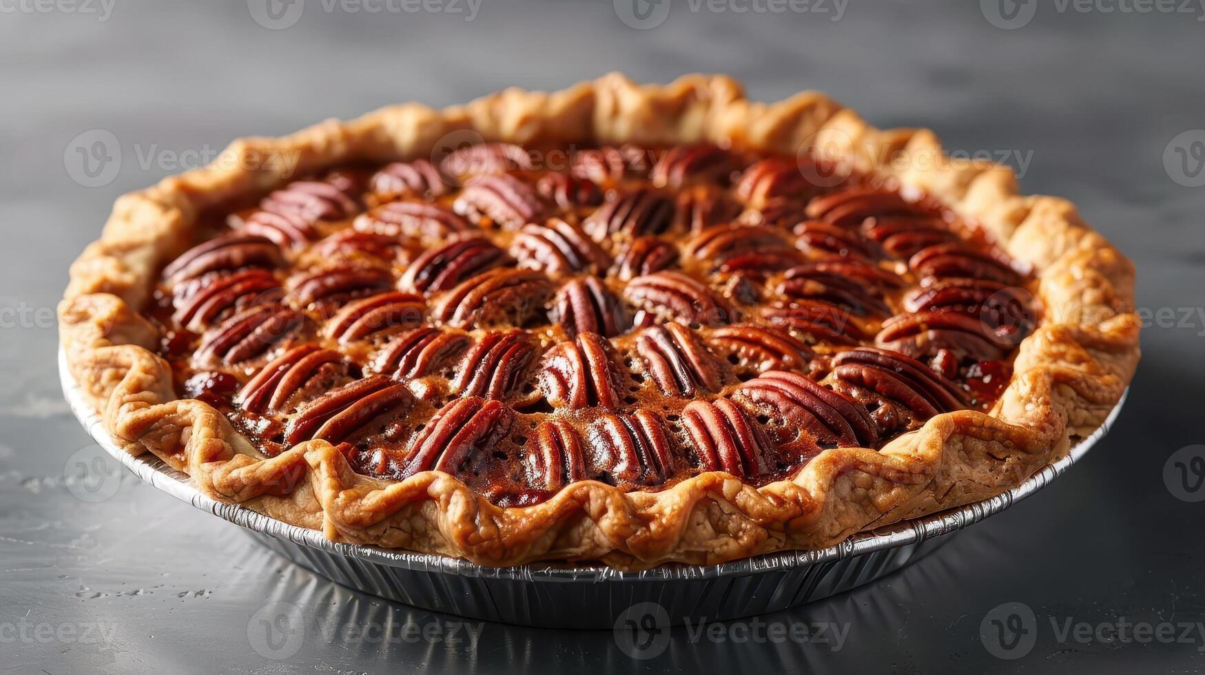 Delicious pecan pie with a golden crust, beautifully arranged pecans on top, perfect for desserts or festive gatherings. photo