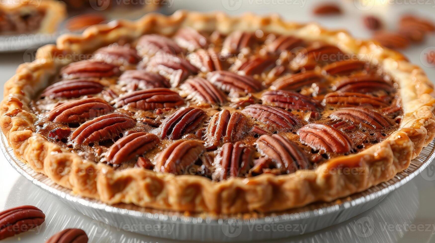 Delicious pecan pie with a golden crust, beautifully arranged pecans on top, perfect for desserts or festive gatherings. photo
