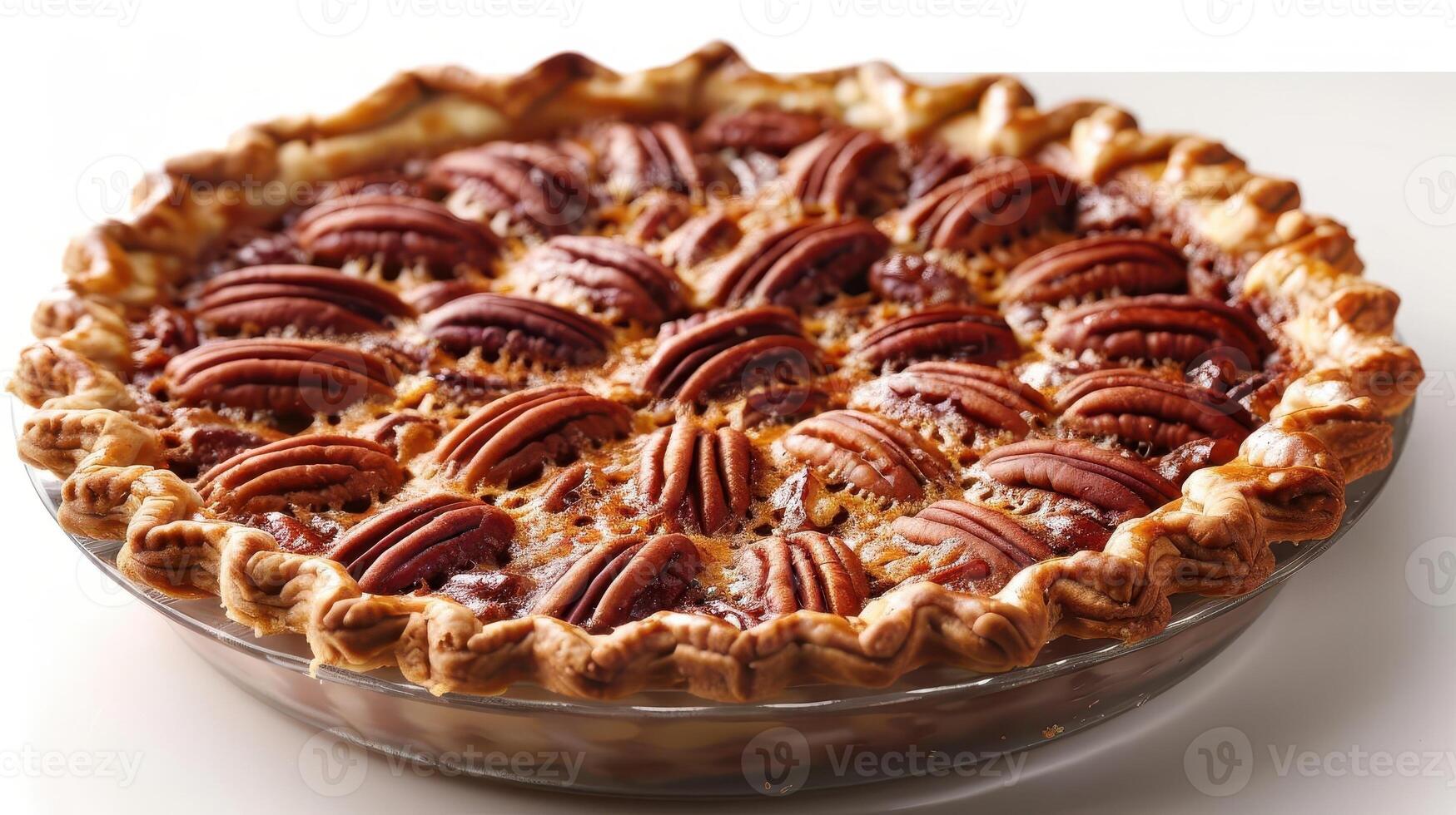 Delicious pecan pie with a golden crust, topped with whole pecans. Perfect for dessert or holiday gatherings. photo