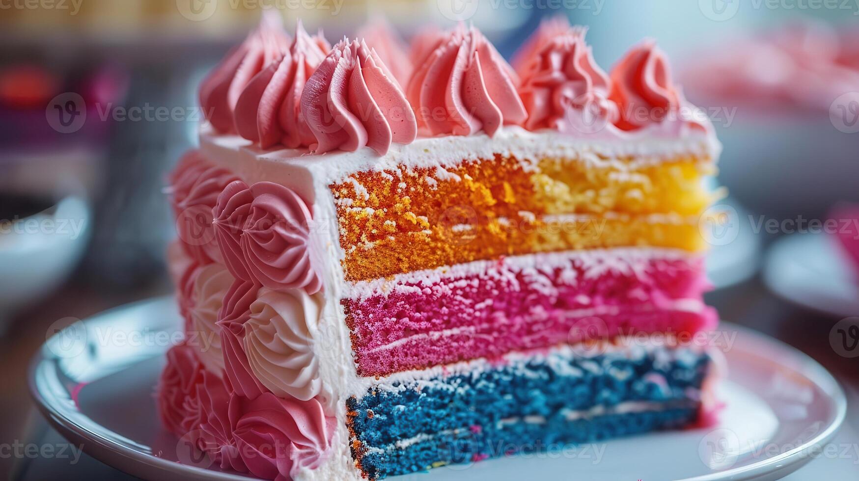 A vibrant, layered rainbow cake with colorful frosting and decorative swirls, perfect for celebrations and special occasions. photo