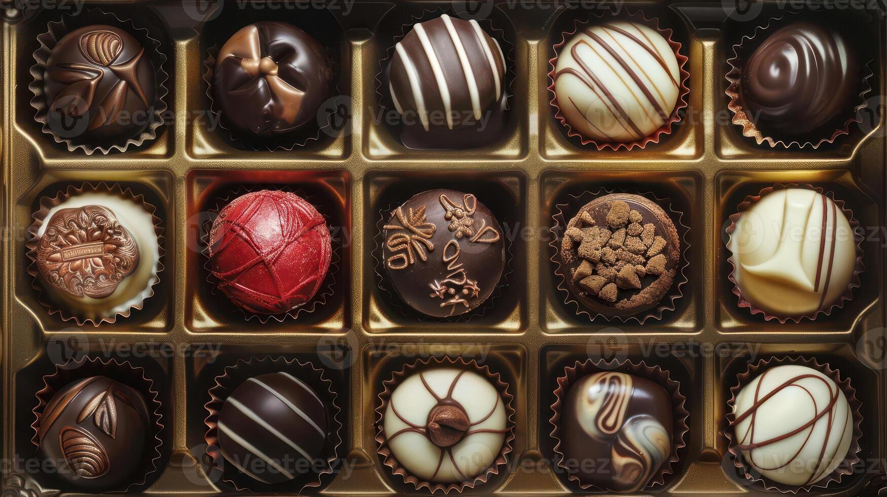 A delicious assortment of assorted chocolates, beautifully displayed in a gold box, perfect for gifting or indulging. photo