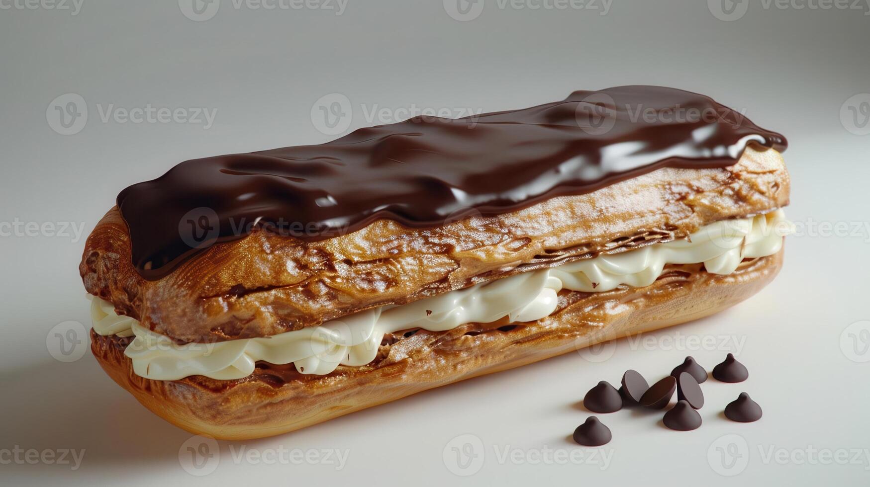 Delicious eclair with rich chocolate glaze and creamy filling, perfect for dessert lovers seeking a sweet indulgence. photo