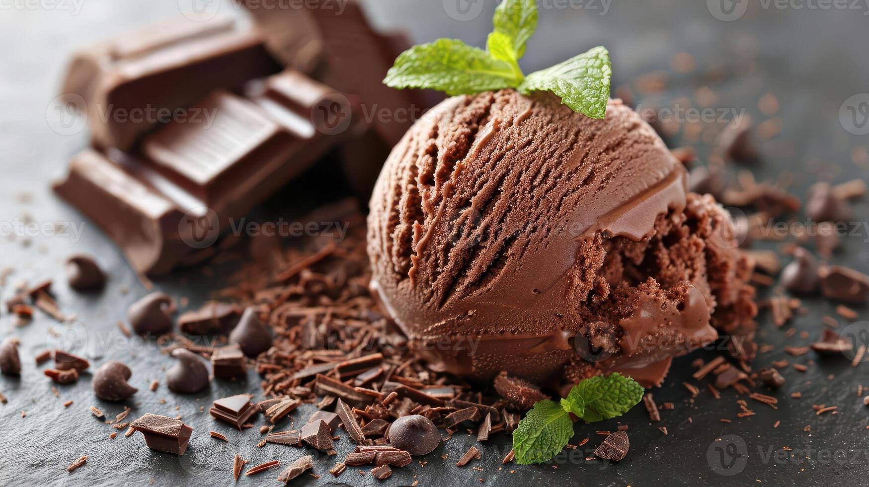 Delicious chocolate ice cream garnished with mint leaves, surrounded by chocolate shavings and pieces, perfect for dessert lovers. photo