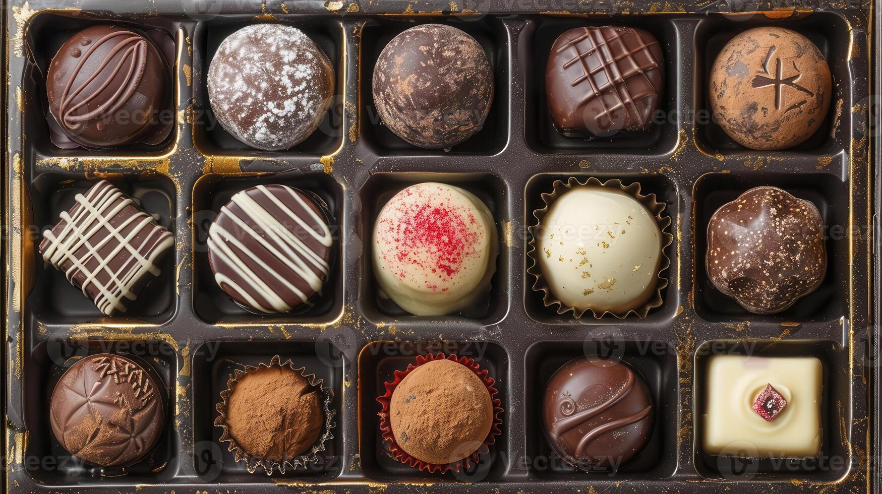 Delicious assortment of gourmet chocolates in a beautifully arranged box, perfect for gifting or indulging. photo