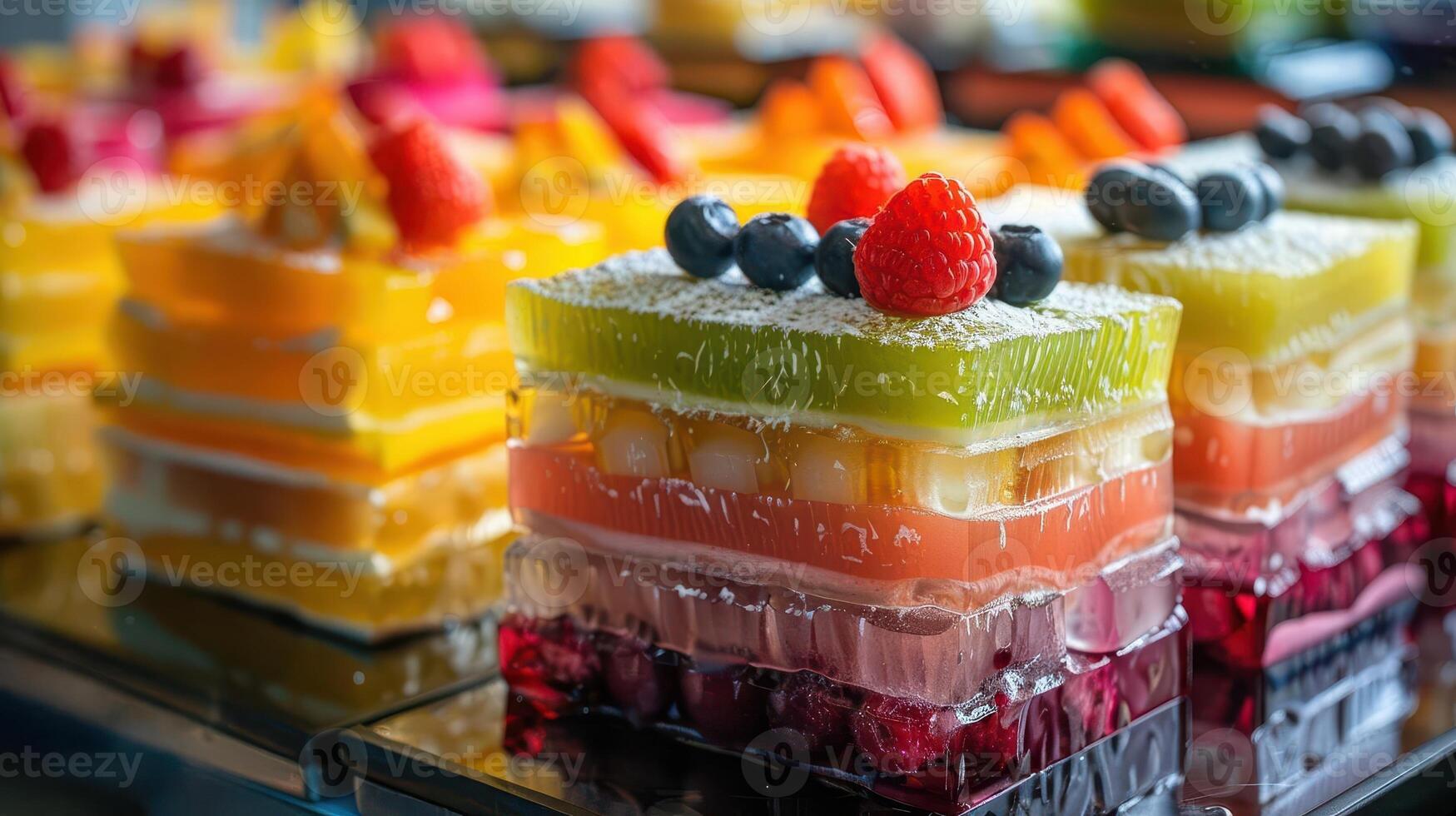 A vibrant display of colorful fruit jellies layered in clear containers, topped with fresh berries for a delightful treat. photo