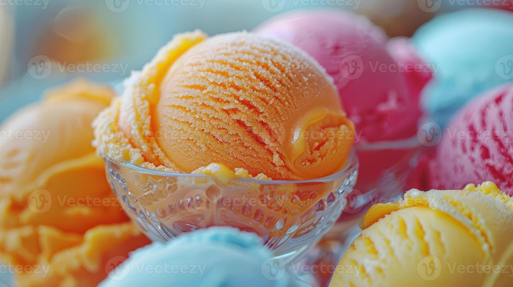Delicious scoops of colorful ice cream in a glass bowl, perfect for summer desserts and sweet treats. photo
