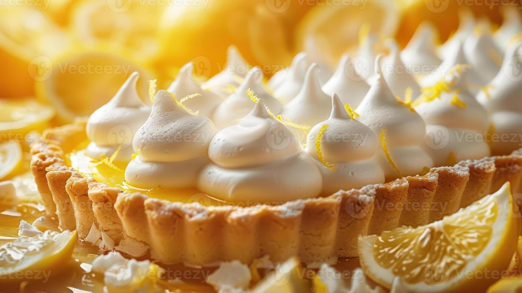 Delicious lemon tart topped with fluffy meringue and fresh lemon slices, perfect for desserts and celebrations. photo