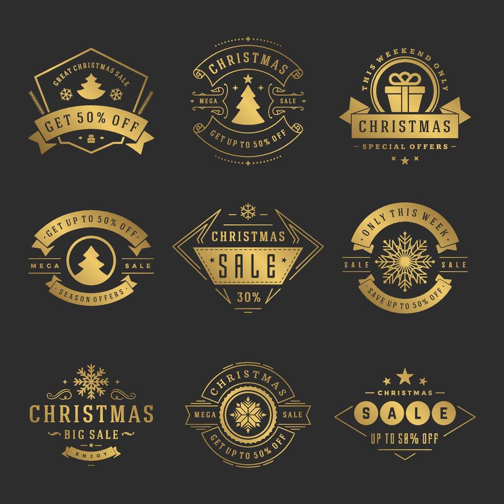 Christmas sale labels and badges with text typographic decoration design vintage style set vector
