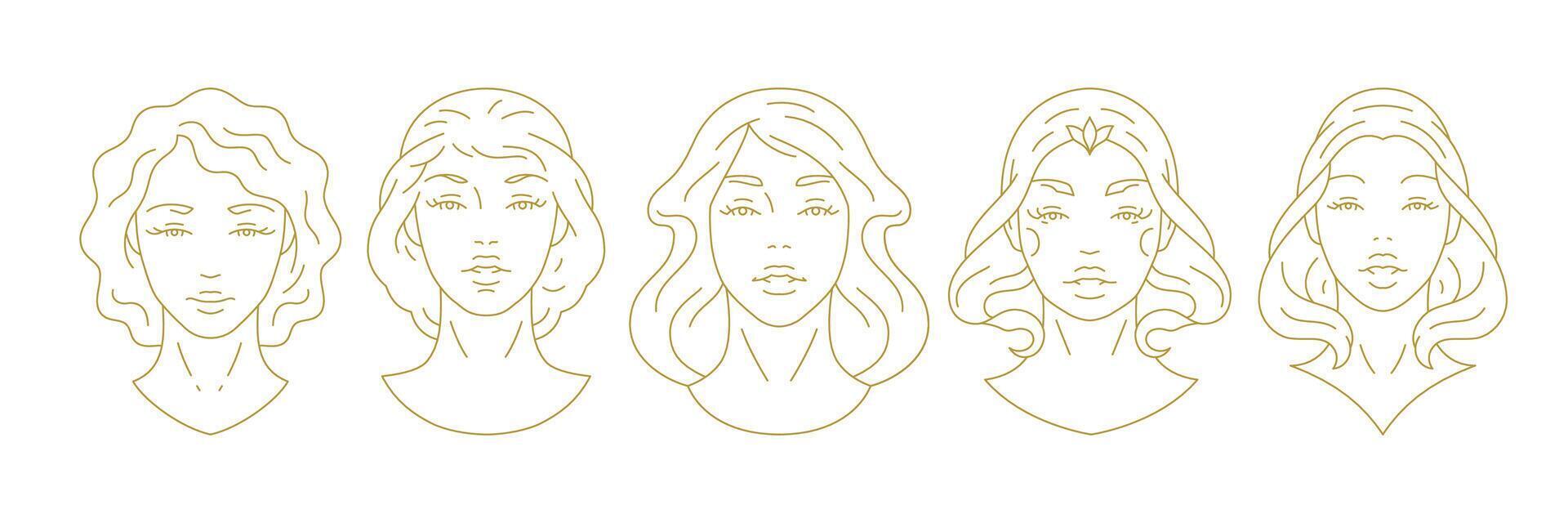 Beautiful elegant woman face hair mystical minimal golden line art icon set illustration vector