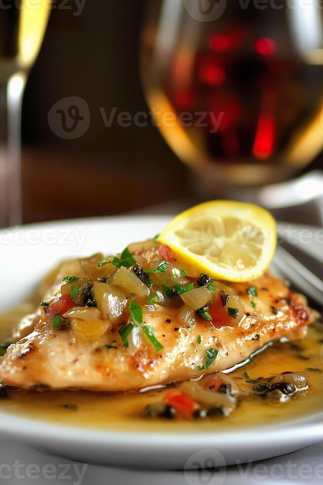 Lemon herb chicken piccata served with white wine in an elegant dining setting photo