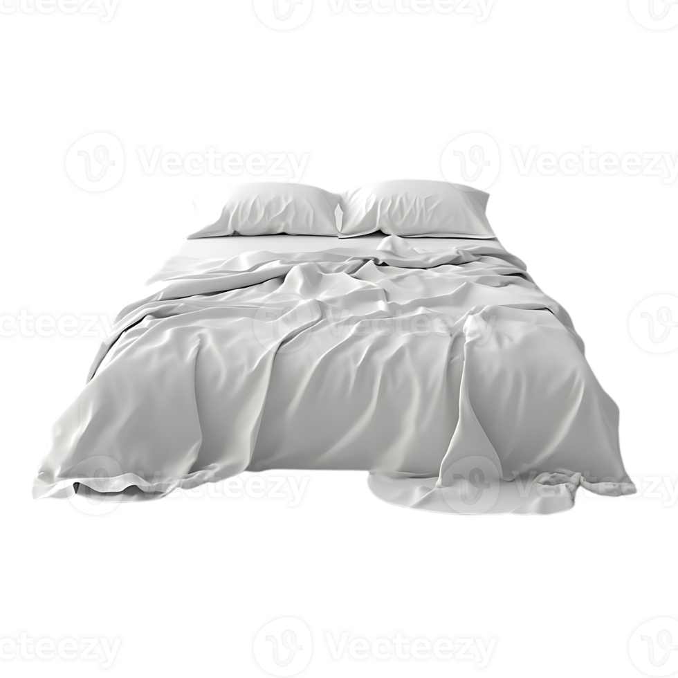 Unmade Bed with White Sheets and Pillows, Isolated on a Transparent Background png