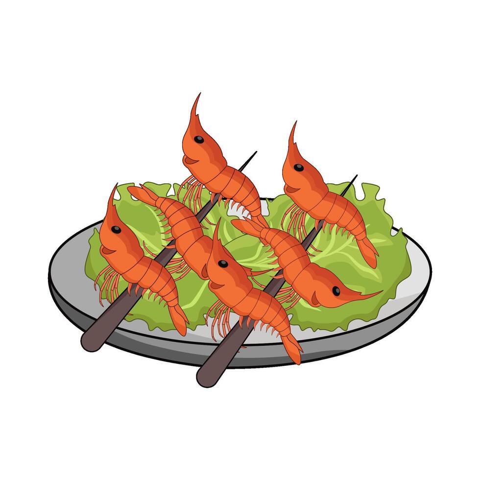 shrimp skewer on plate illustration vector
