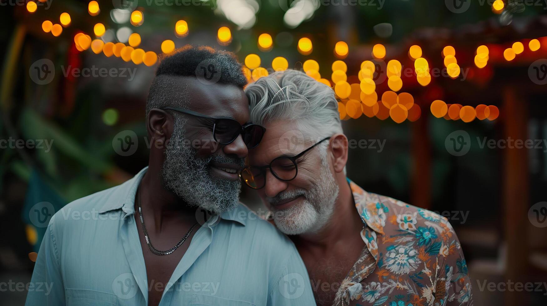Multiracial middle aged gay couple shares a joyful moment under warm lights on a summer night photo