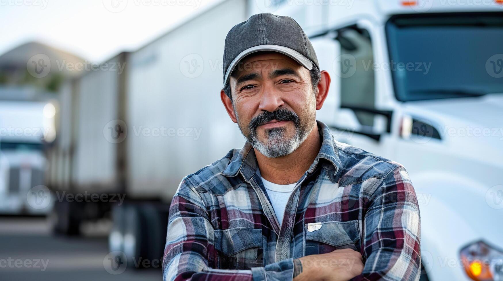 Hispanic truck driver standing confidently in front of his truck during daylight. photo