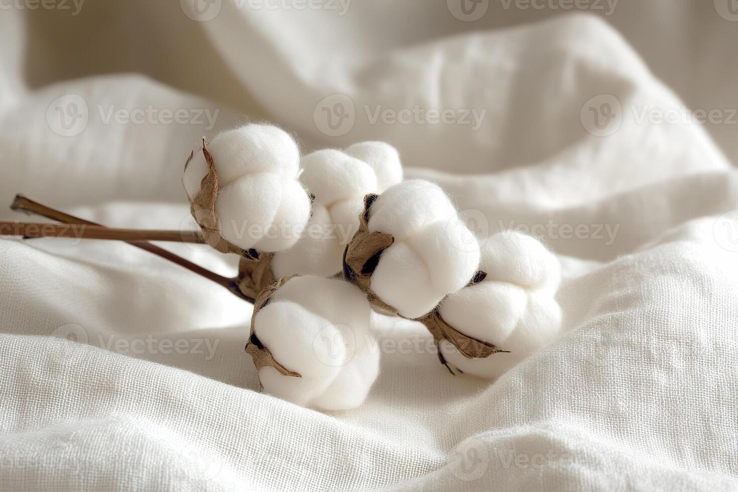 Natural cotton fibers displayed on soft white fabric in a serene setting photo