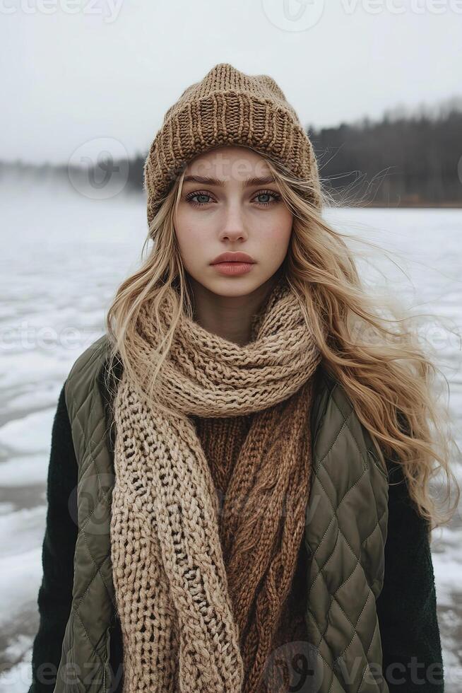 A woman in layered winter clothing enjoys a chilly day by the frozen lake in earthy tones photo