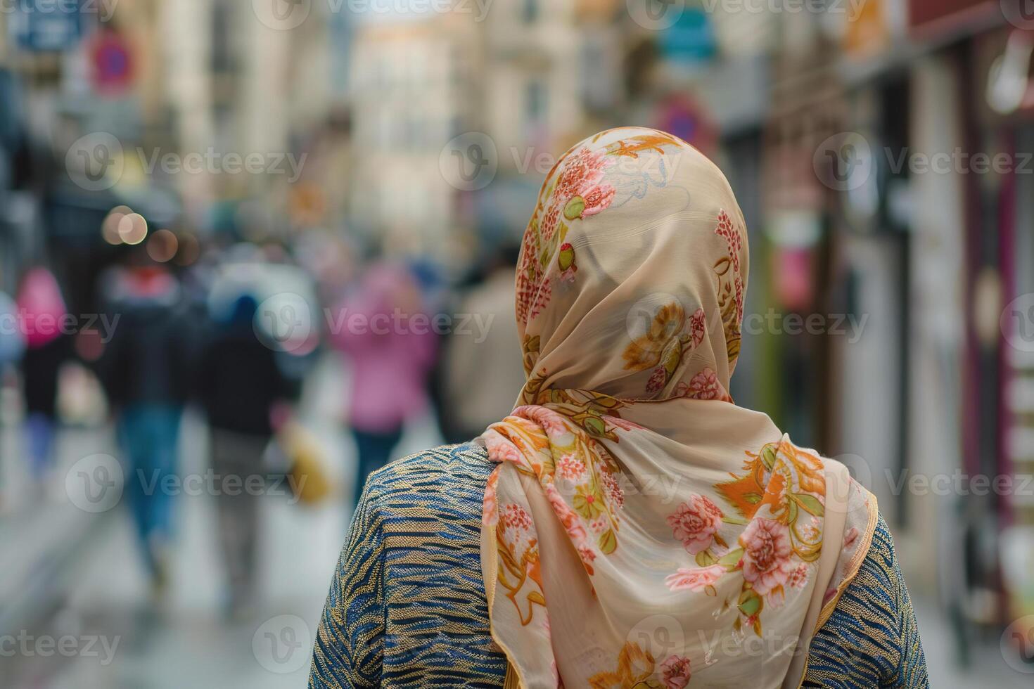 Muslim woman in floral hijab walking through a bustling European street with blurred crowd photo