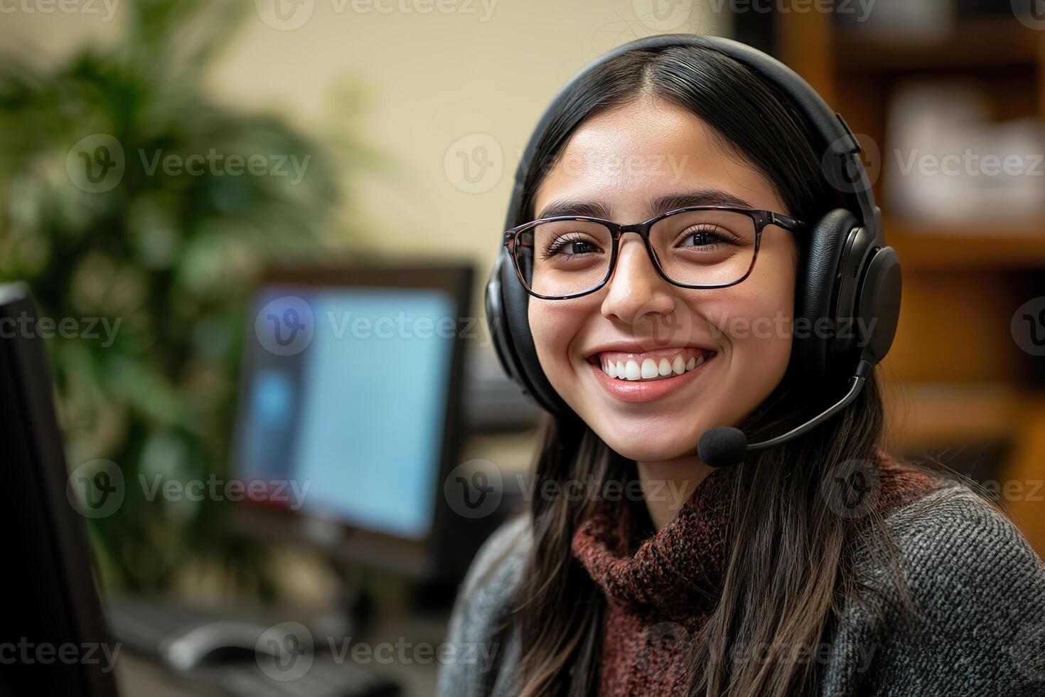 Young Hispanic woman in contact center using CRM and headset while providing customer support. photo