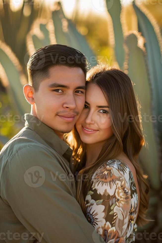 Handsome young Hispanic couple poses in xeriscape garden at sunset. photo