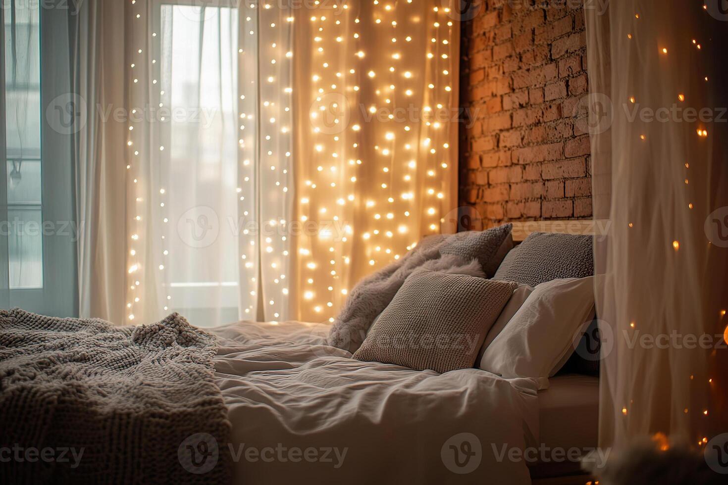 Cozy bedroom with warm string lights and soft bedding, whimsical atmosphere at night photo