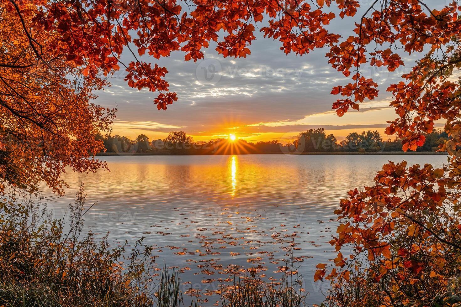 serene lake reflects a stunning autumn sunset surrounded by colorful trees photo