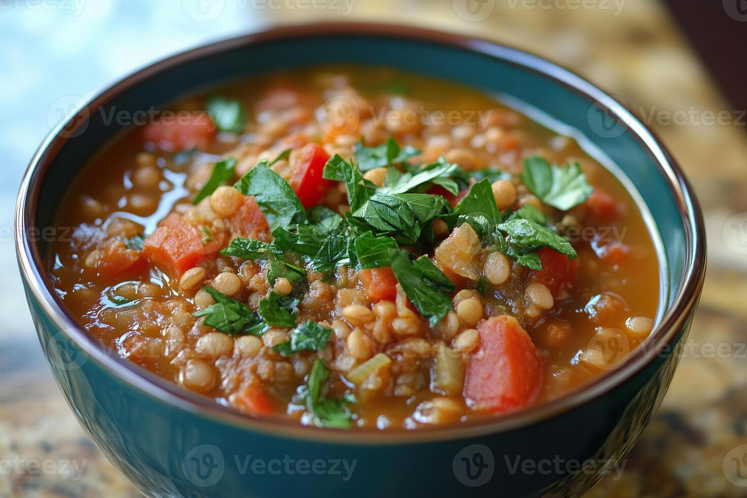 Hearty vegan lentil stew with vegetables in a rustic bowl on a wooden surface photo