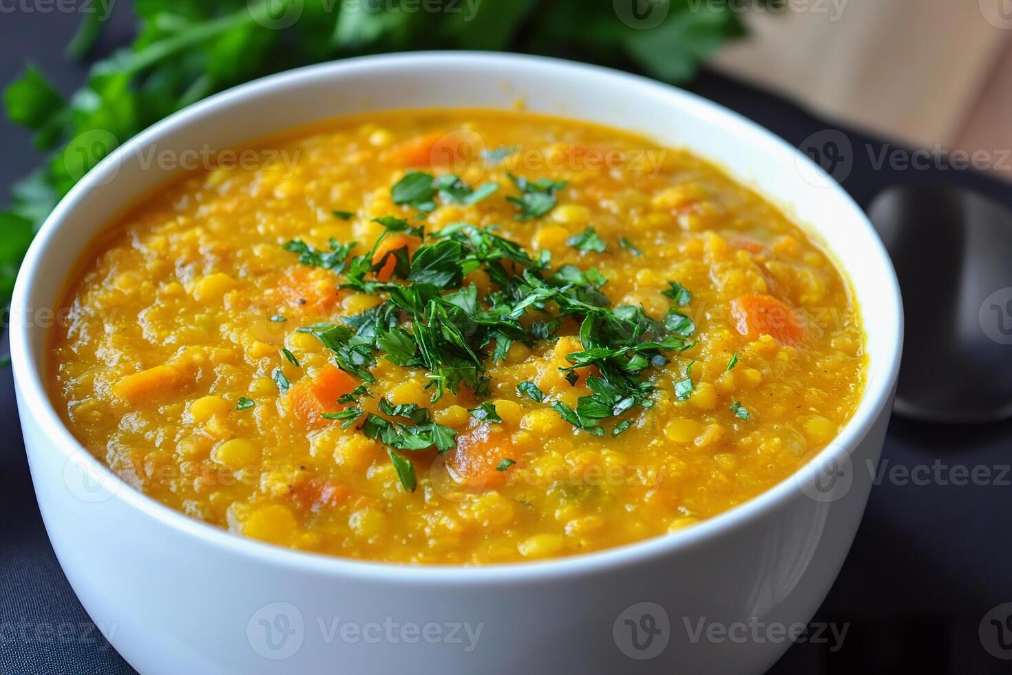 Hearty vegan lentil stew with vegetables in a rustic bowl on a wooden surface photo