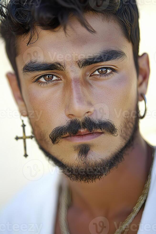 A Hispanic man with a cross hoop earring gazes directly at the viewer photo