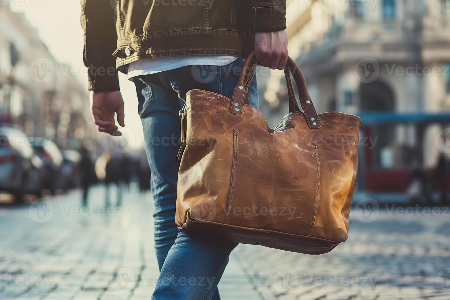 closeup of a person carrying a brown leather bucket bag on a bustling city street photo