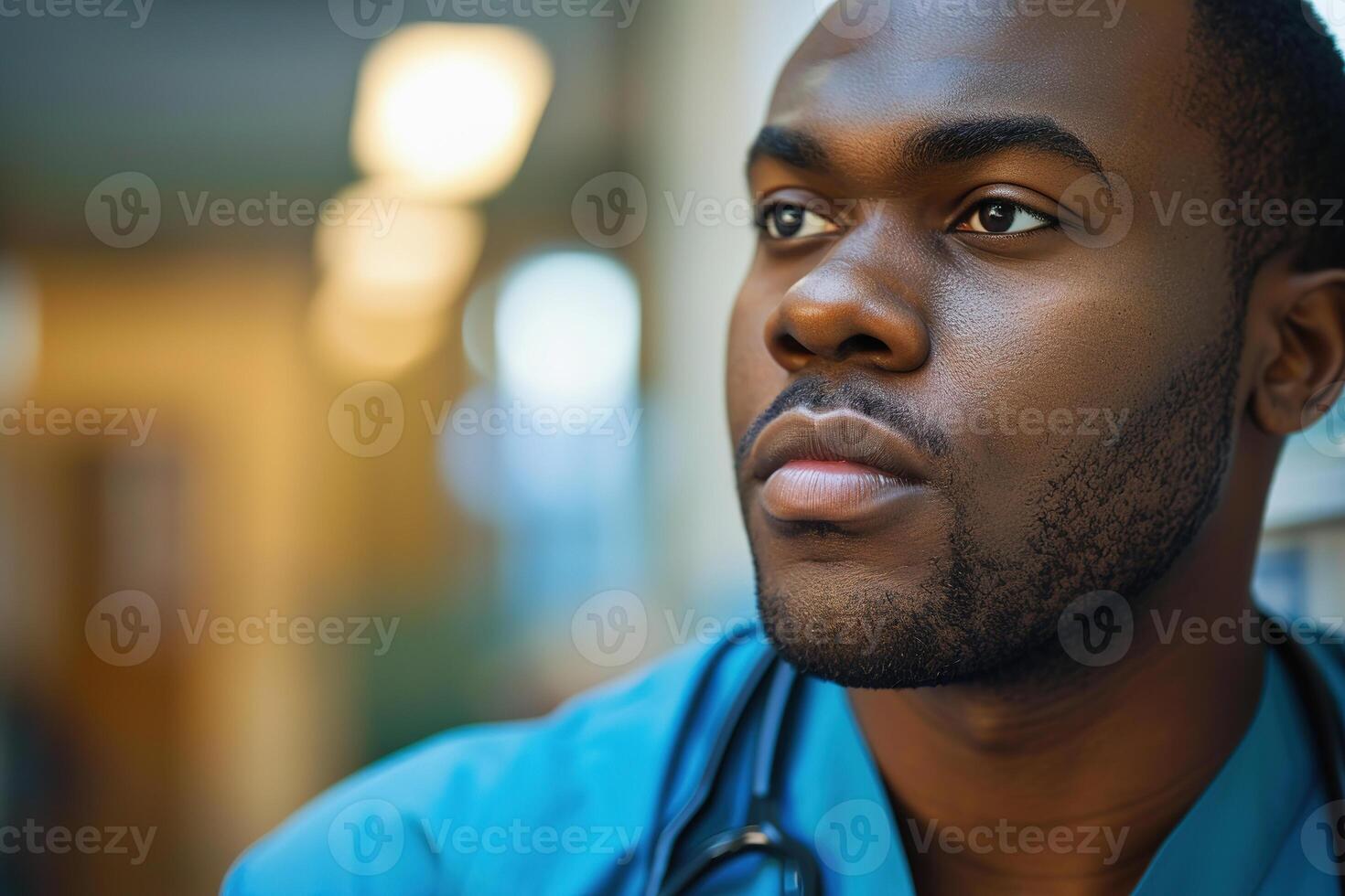 A focused black male nurse in a USA uniform gazes thoughtfully in a calm environment photo