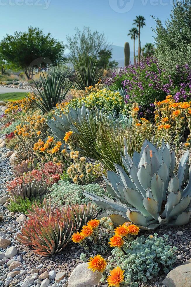 Xeriscape garden thriving in a desert landscape with vibrant drought tolerant plants photo