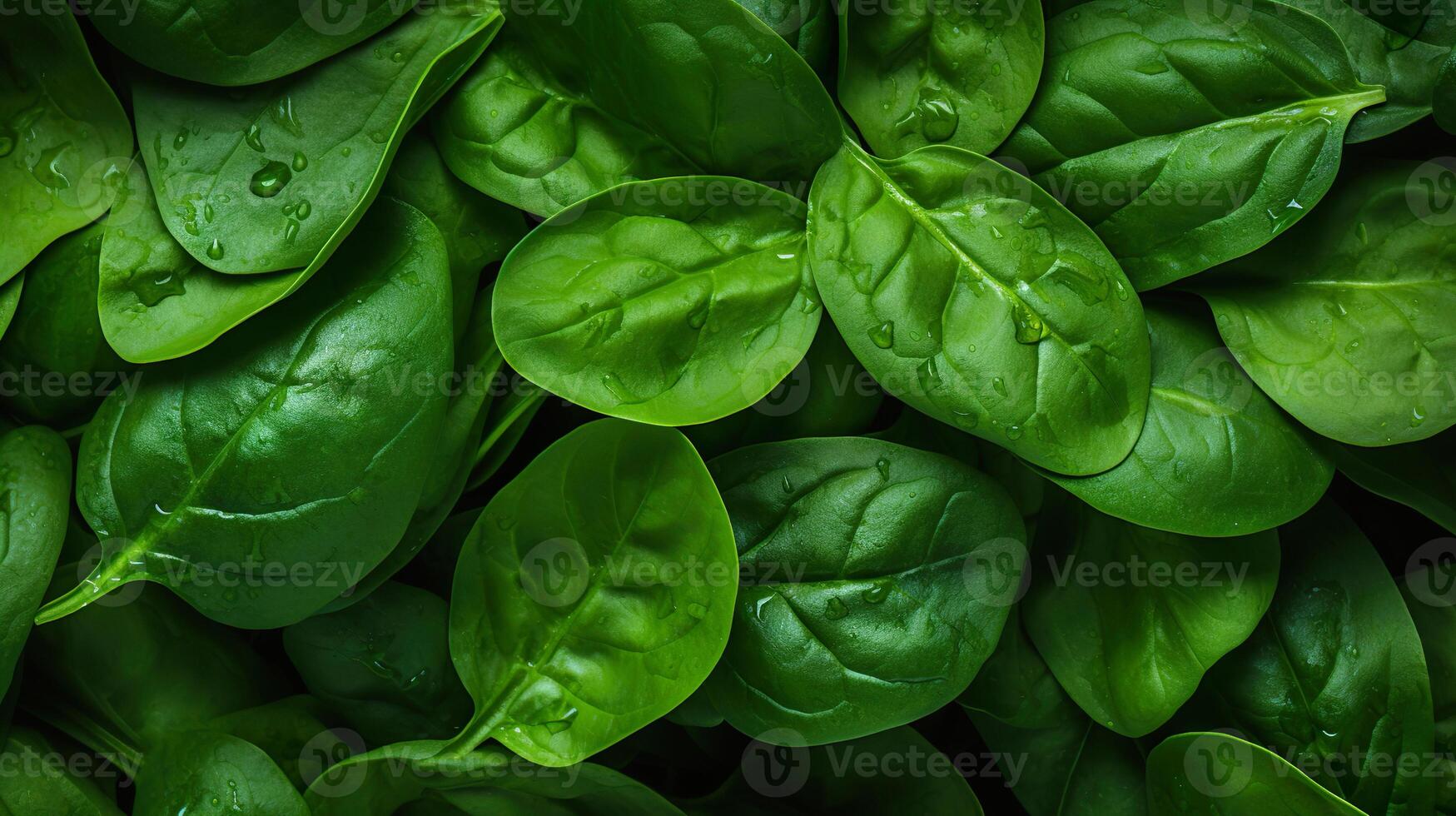 Fresh spinach leaves on vibrant green background. photo