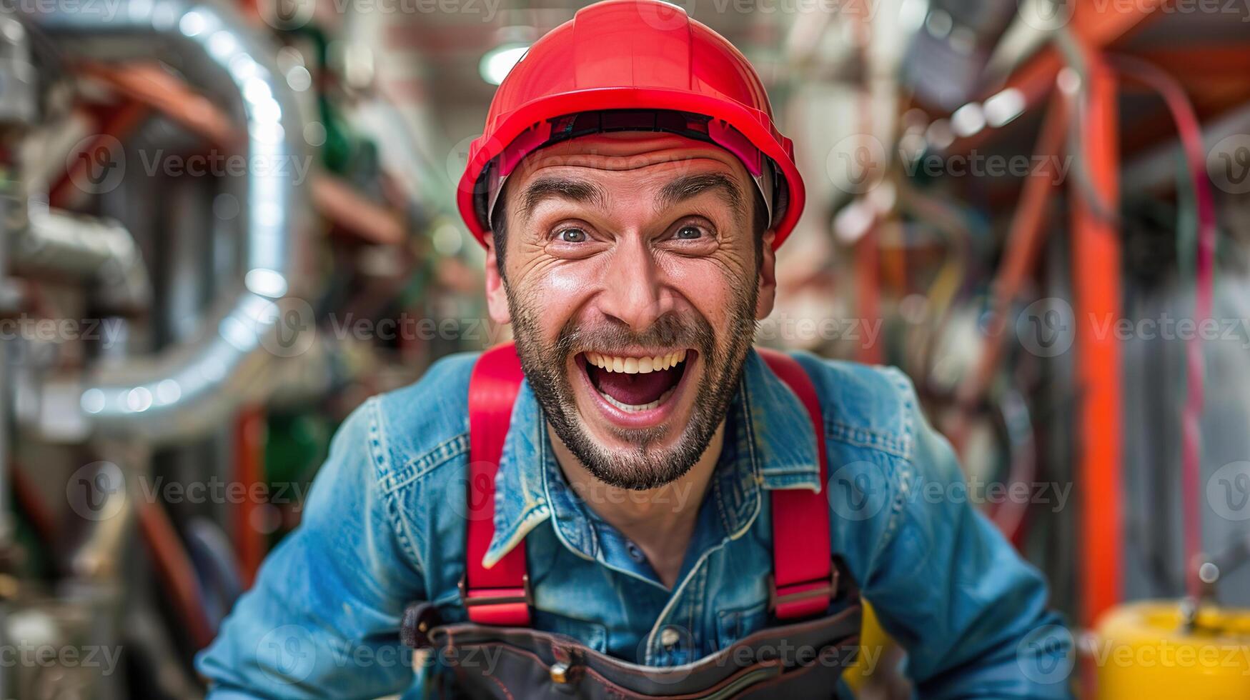 Cheerful Plumber in Workshop with Red Helmet and Blue Denim Overalls. photo