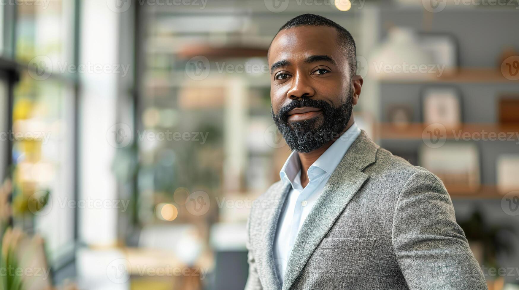 Confident black male professional in modern office showcasing style and approachability photo