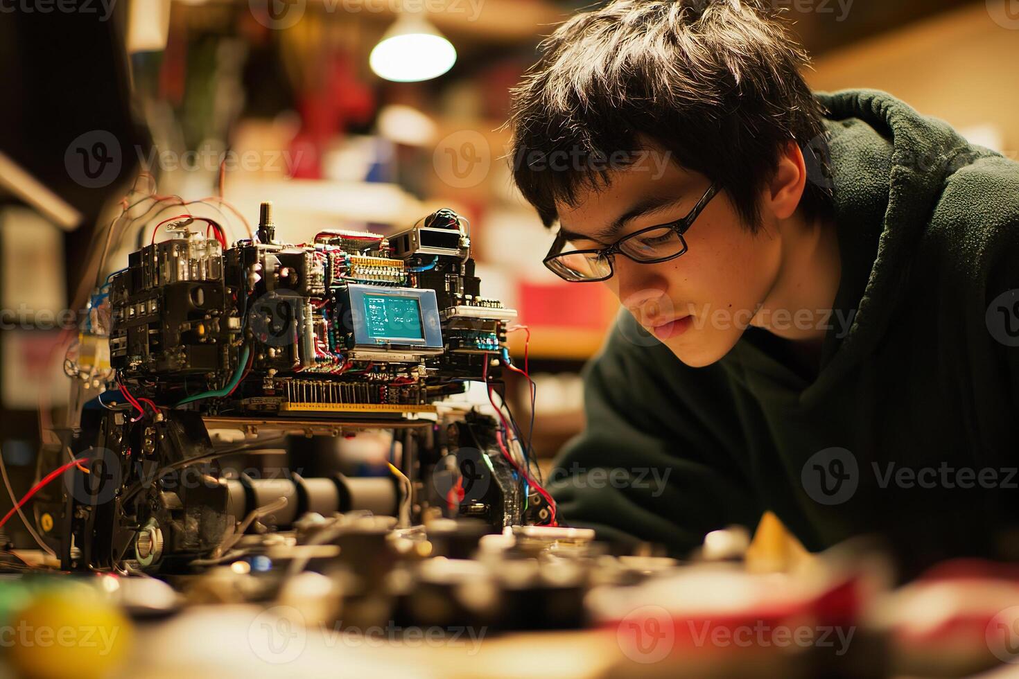 A man focuses intently on building a robot in his workshop photo