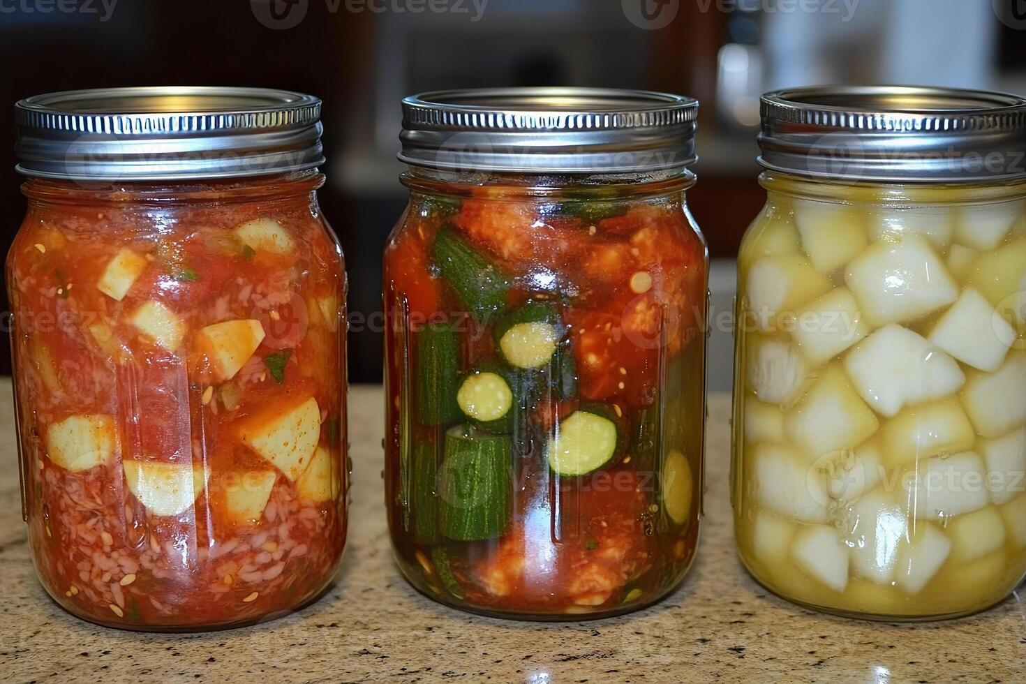 Jars of fermented vegetables arranged on a countertop in a kitchen photo