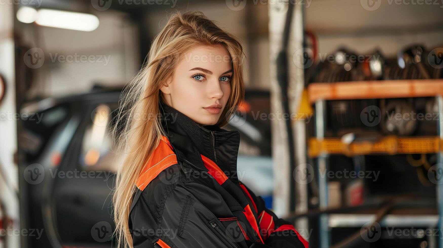 A woman mechanic in uniform poses confidently at a busy car repair station photo
