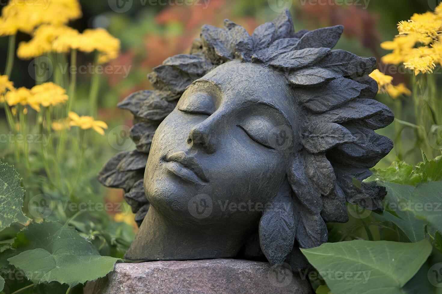 Female head sculpture holding flowers in a vibrant garden setting during daylight. photo