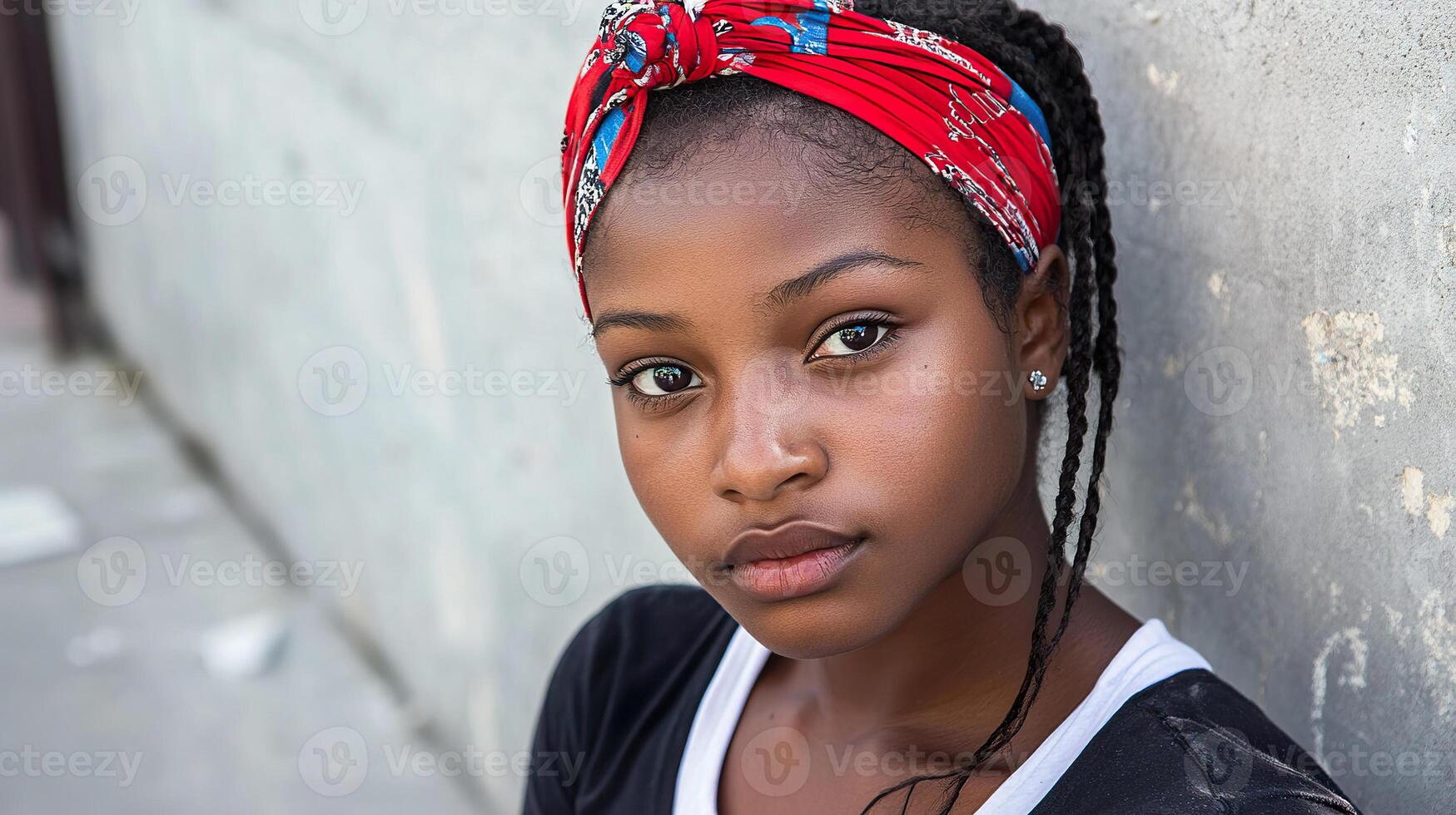 A Haitian woman stands outdoors with a calm expression and vibrant headwrap photo