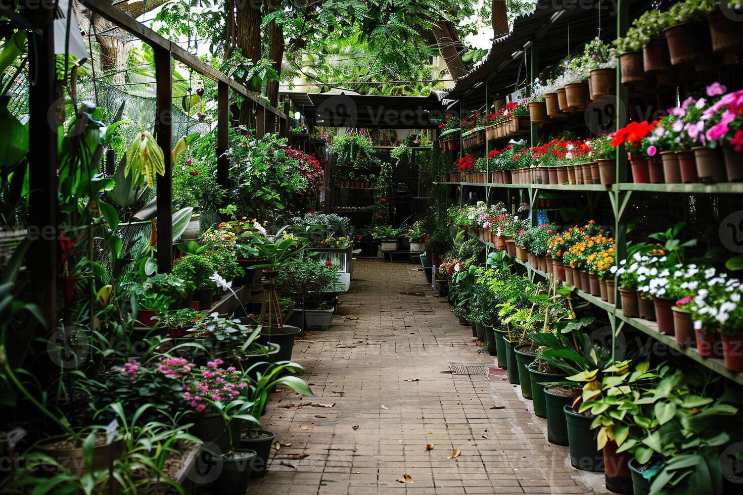 Colorful flowers and plants are arranged neatly along the pathways of a garden plant store photo